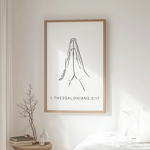 1 Thessalonians 5:17 – Minimalist Christian scripture print featuring praying hands line art and Pray Continually verse.