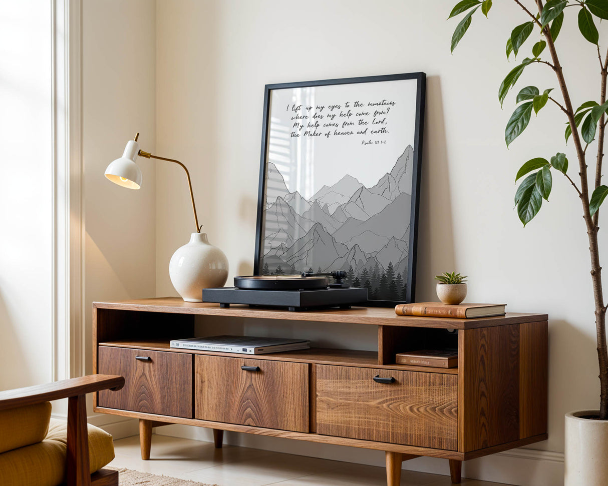 Psalm 121:1–2 – Christian scripture wall art with minimalist mountain design and comforting verse about God’s help.