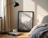 Psalm 121:1–2 – I lift up my eyes Christian wall art with grey and white mountain landscape and trust in God scripture.