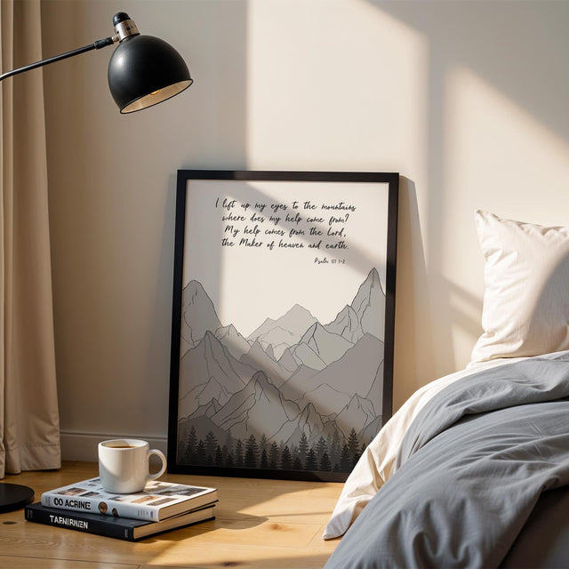 Psalm 121:1–2 – I lift up my eyes Christian wall art with grey and white mountain landscape and trust in God scripture.