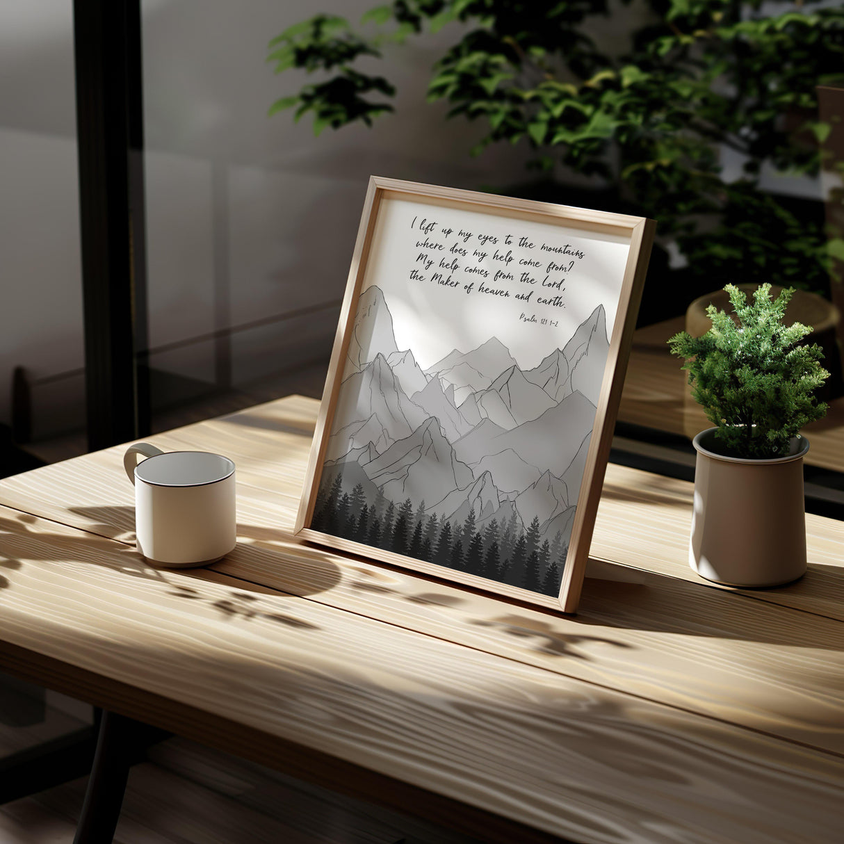 Psalm 121:1–2 – Bible verse wall art featuring calm mountain scenery and scripture about help coming from the Lord.