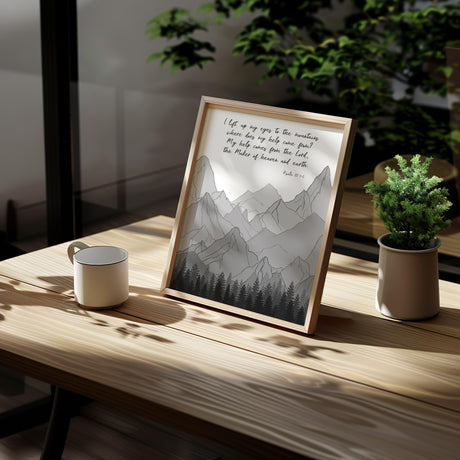 Psalm 121:1–2 – Bible verse wall art featuring calm mountain scenery and scripture about help coming from the Lord.