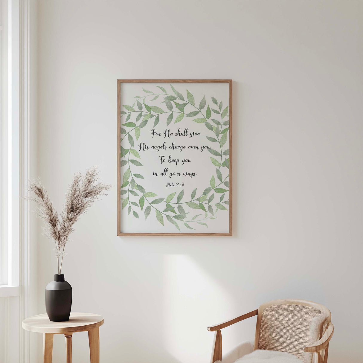 Bible verse wall art about angels and God’s care, Psalm 91:11 Christian home decor print with elegant wreath illustration.