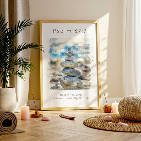 Psalm 37:7 - Scripture verses to encourage print with stacked pebbles watercolour design and calming blue and grey tones.