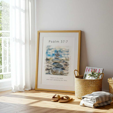 Psalm 37:7 - Christian art print with balanced stone cairn beside water in soft sandy, blue and grey watercolour tones.