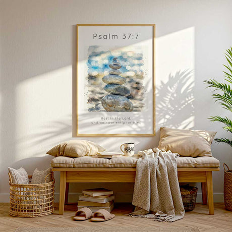 Psalm 37:7 - Rest In The Lord bible verse print with calming stacked pebbles and soft bokeh water effect.