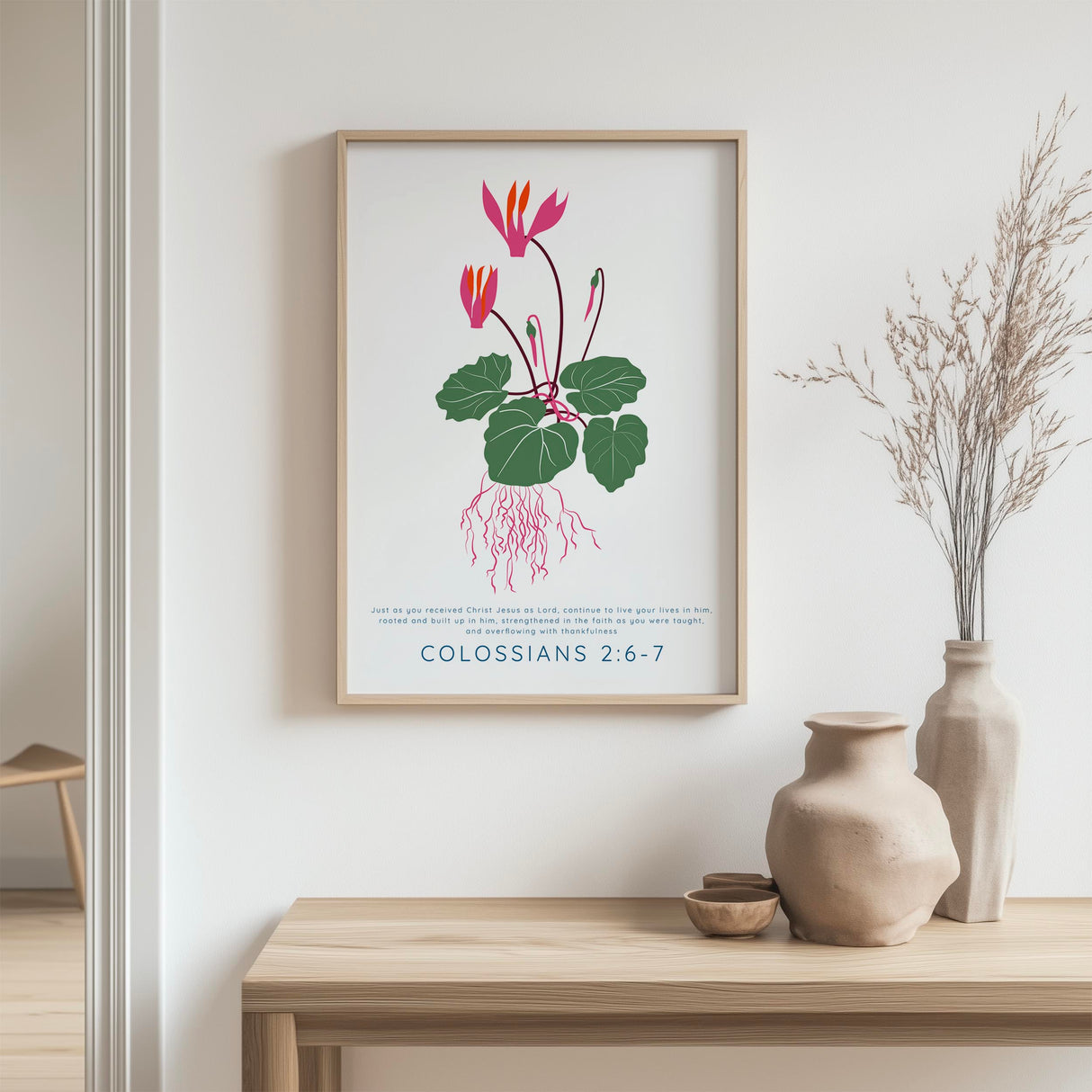 Colossians 2:6–7 - Floral Bible verse wall art print rooted in faith Christian scripture artwork for living room or prayer space.