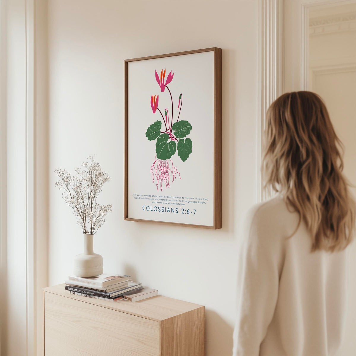 Colossians 2:6–7 - Rooted and Built Up Bible verse print featuring botanical flowers and inspirational Christian wall decor.