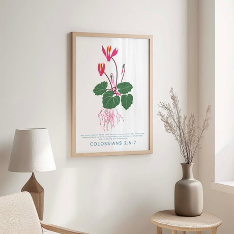 Colossians 2:6–7 - Rooted and Built Up Christian wall art print with elegant floral design and Bible verse scripture decor for home.