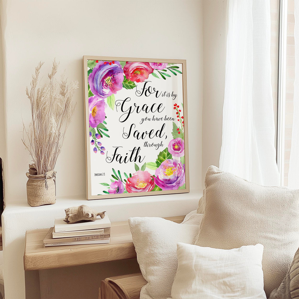Ephesians 2:8 – For it is by grace you have been saved Christian wall art with colourful floral botanical design.