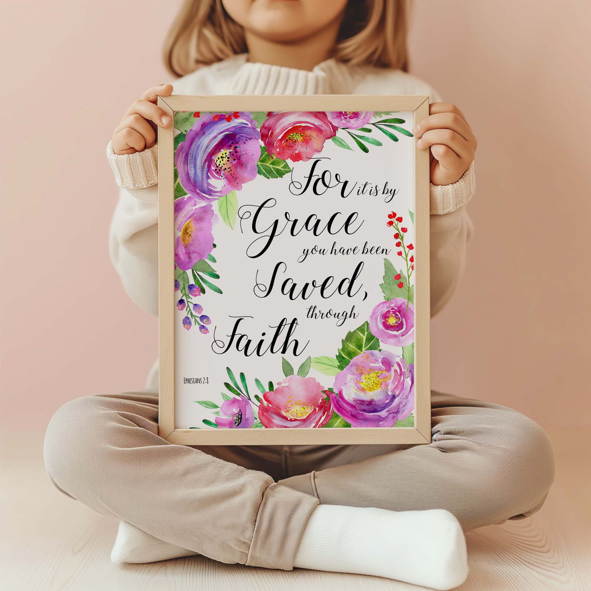 Ephesians 2:8 – Bible verse wall art featuring vibrant flowers and scripture about grace and faith.