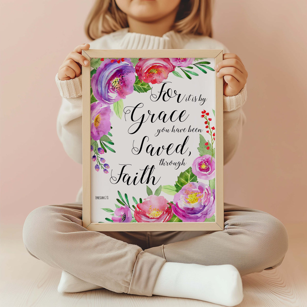 Ephesians 2:8 – Bible verse wall art featuring vibrant flowers and scripture about grace and faith.