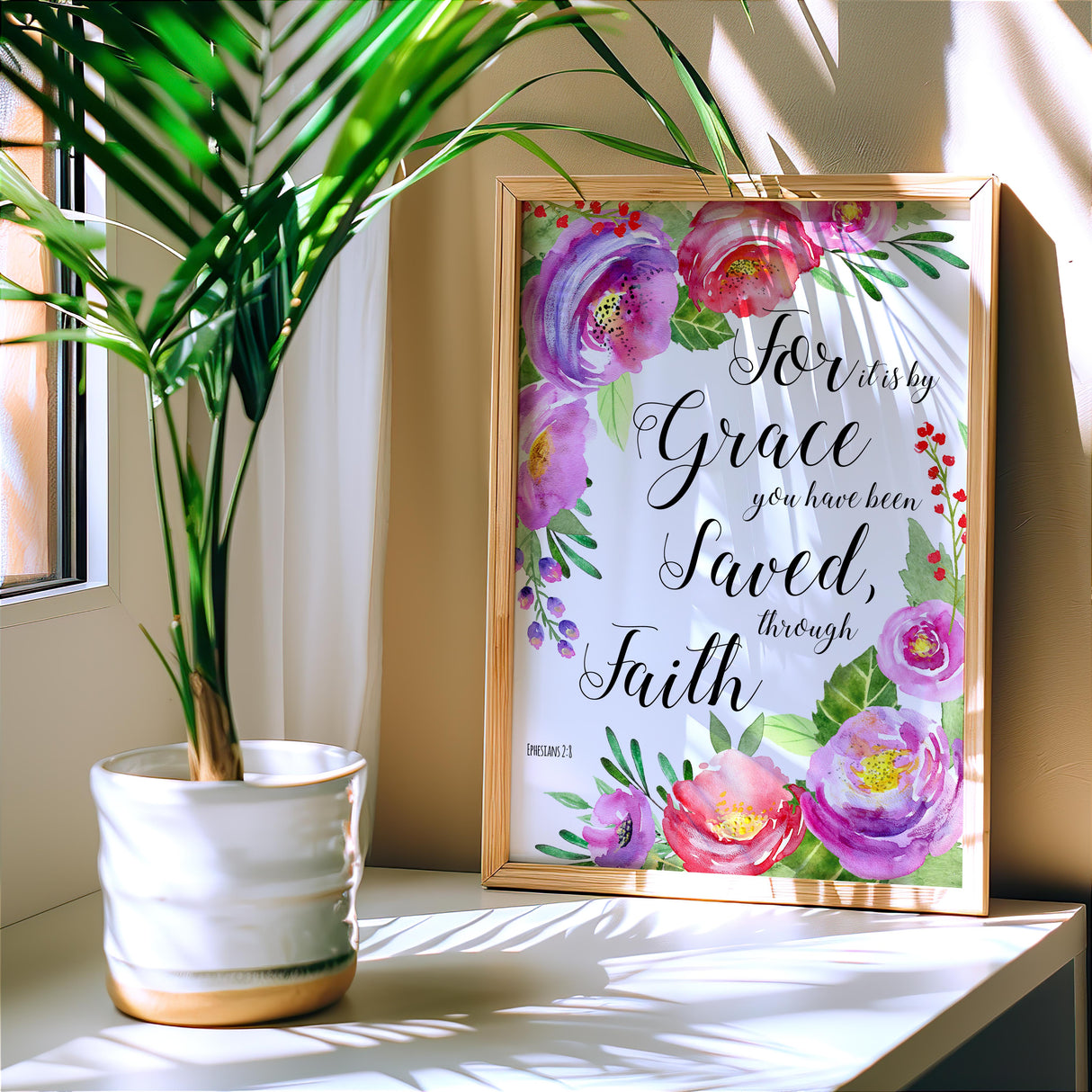 Ephesians 2:8 – Christian scripture wall art with floral illustration and uplifting verse celebrating God’s grace.