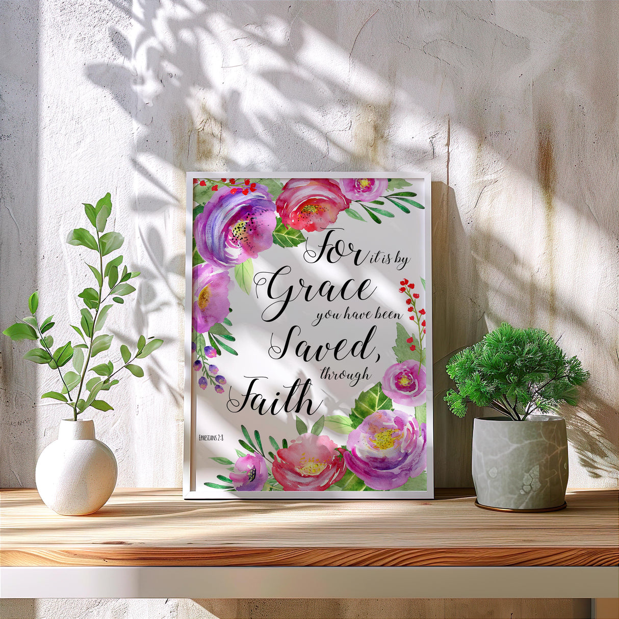 Ephesians 2:8 – Christian wall art print with colourful floral design and Bible verse about salvation by grace.