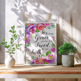 Ephesians 2:8 – Christian wall art print with colourful floral design and Bible verse about salvation by grace.