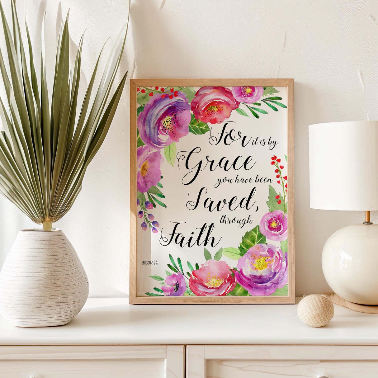 Ephesians 2:8 – Scripture wall art featuring botanical flowers and verse celebrating faith, grace and salvation.