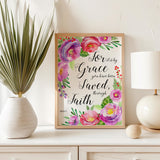 Ephesians 2:8 – Scripture wall art featuring botanical flowers and verse celebrating faith, grace and salvation.
