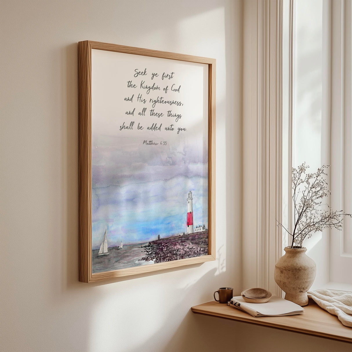Matthew 6:33 - Seek ye first Christian Bible verse wall art with calming harbour seascape and lighthouse, inspirational faith decor.