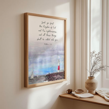 Matthew 6:33 - Seek ye first Christian Bible verse wall art with calming harbour seascape and lighthouse, inspirational faith decor.