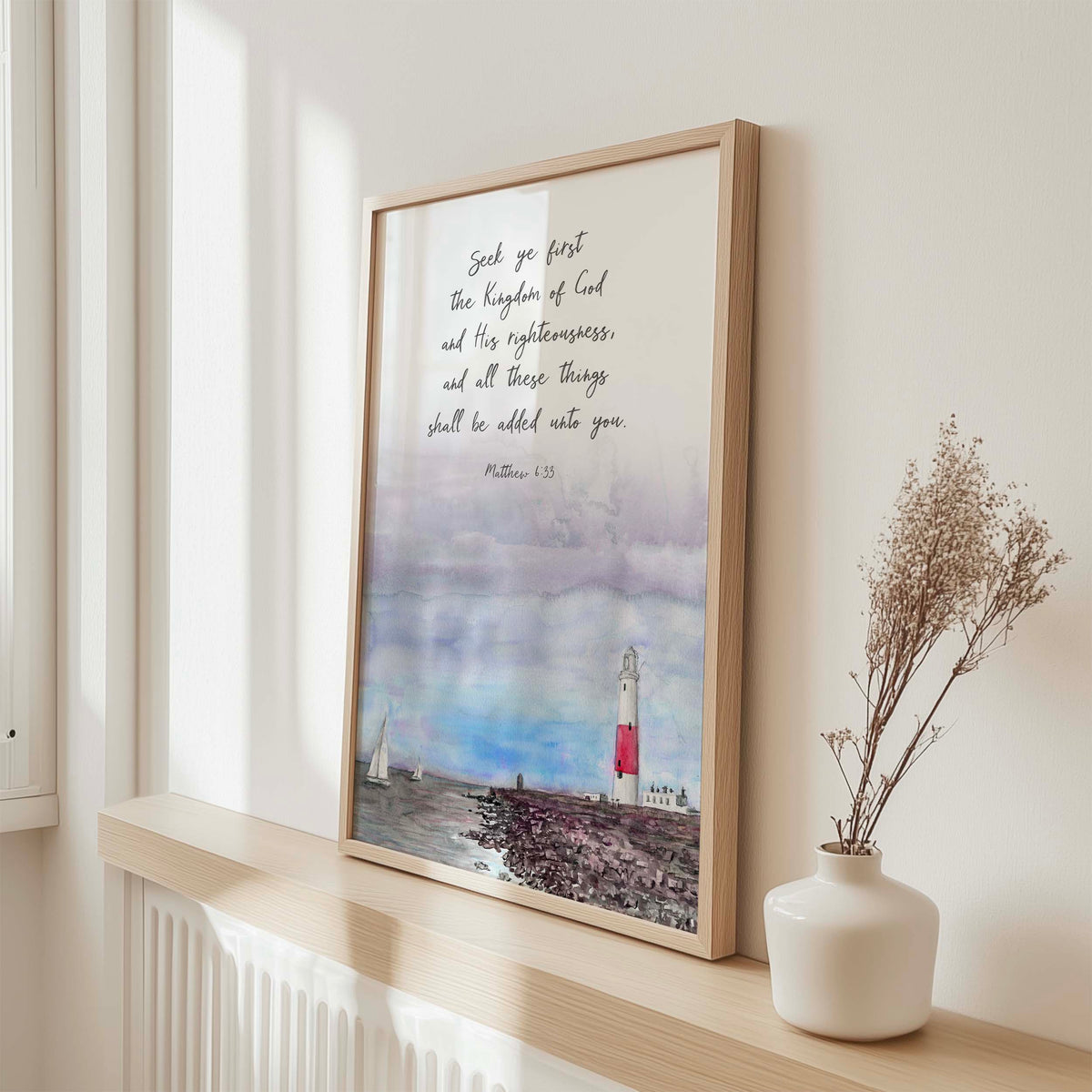 Matthew 6:33 - Christian wall art print with seek ye first scripture, serene watercolour boat and lighthouse coastal decor.