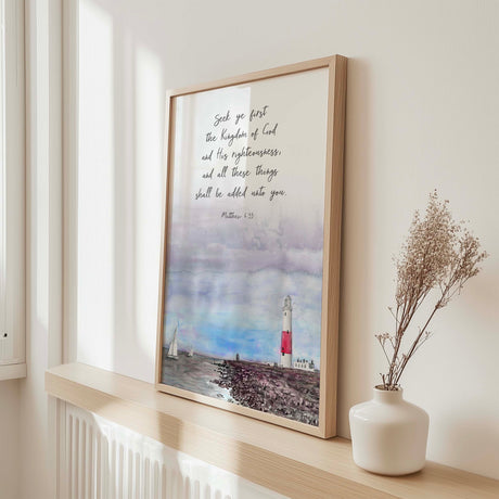 Matthew 6:33 - Christian wall art print with seek ye first scripture, serene watercolour boat and lighthouse coastal decor.