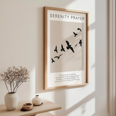 Serenity Prayer - Faith based wall art featuring serene bird silhouettes and comforting prayer for courage, wisdom and acceptance.