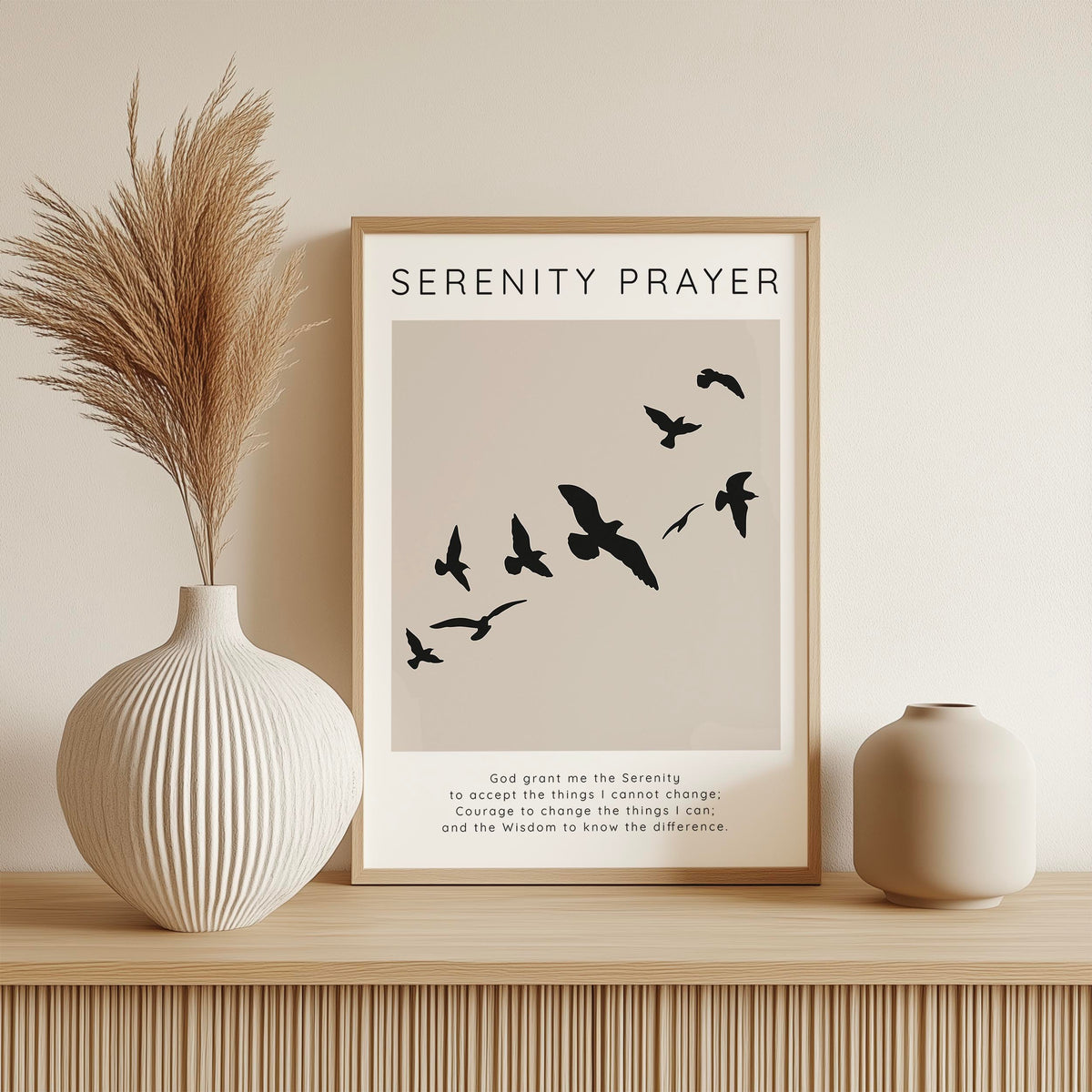 Serenity Prayer - Christian wall art print with flying bird silhouettes on neutral beige background featuring God grant me the serenity prayer text.
