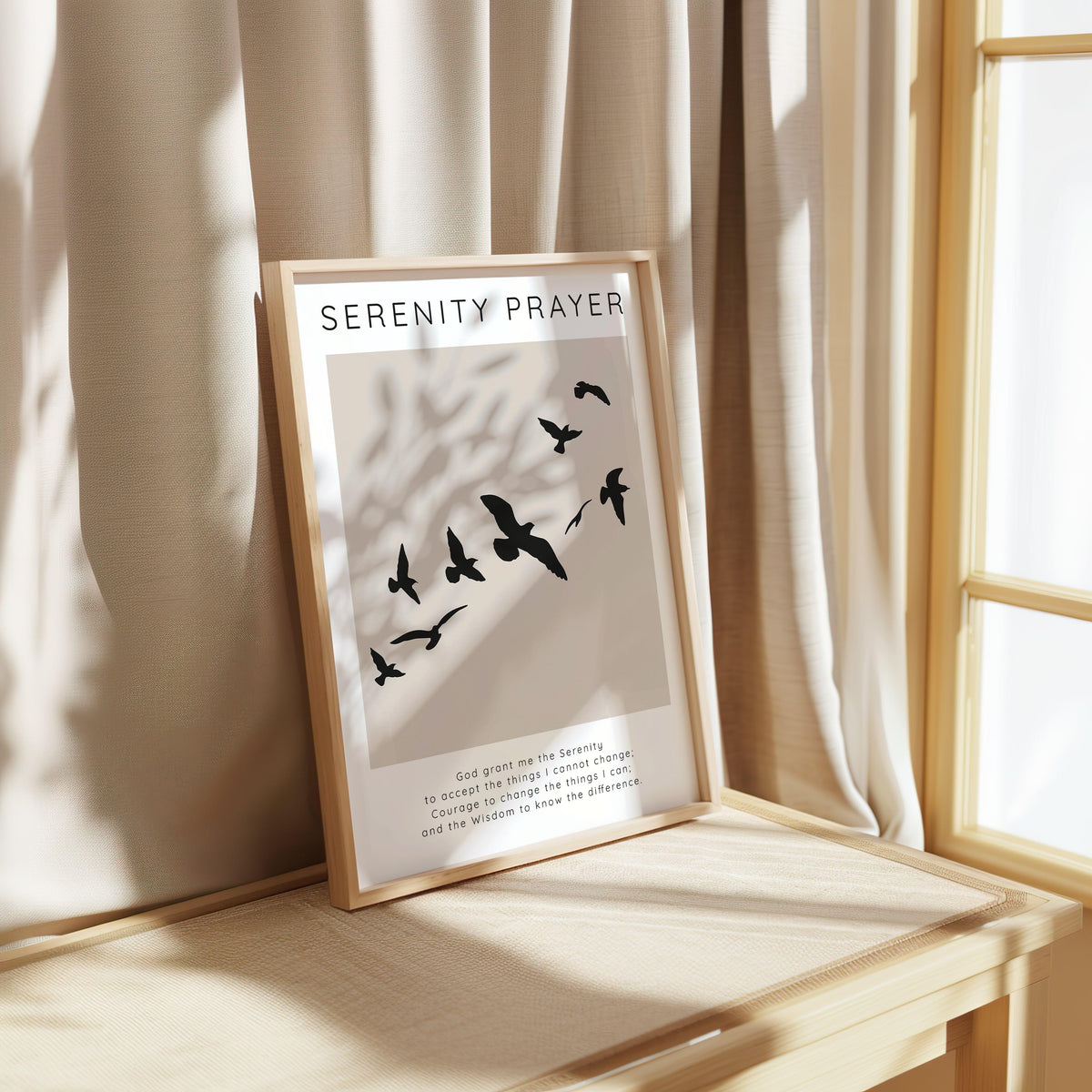 Serenity Prayer - Christian sobriety wall art print with birds in flight symbolising freedom, peace and spiritual guidance.