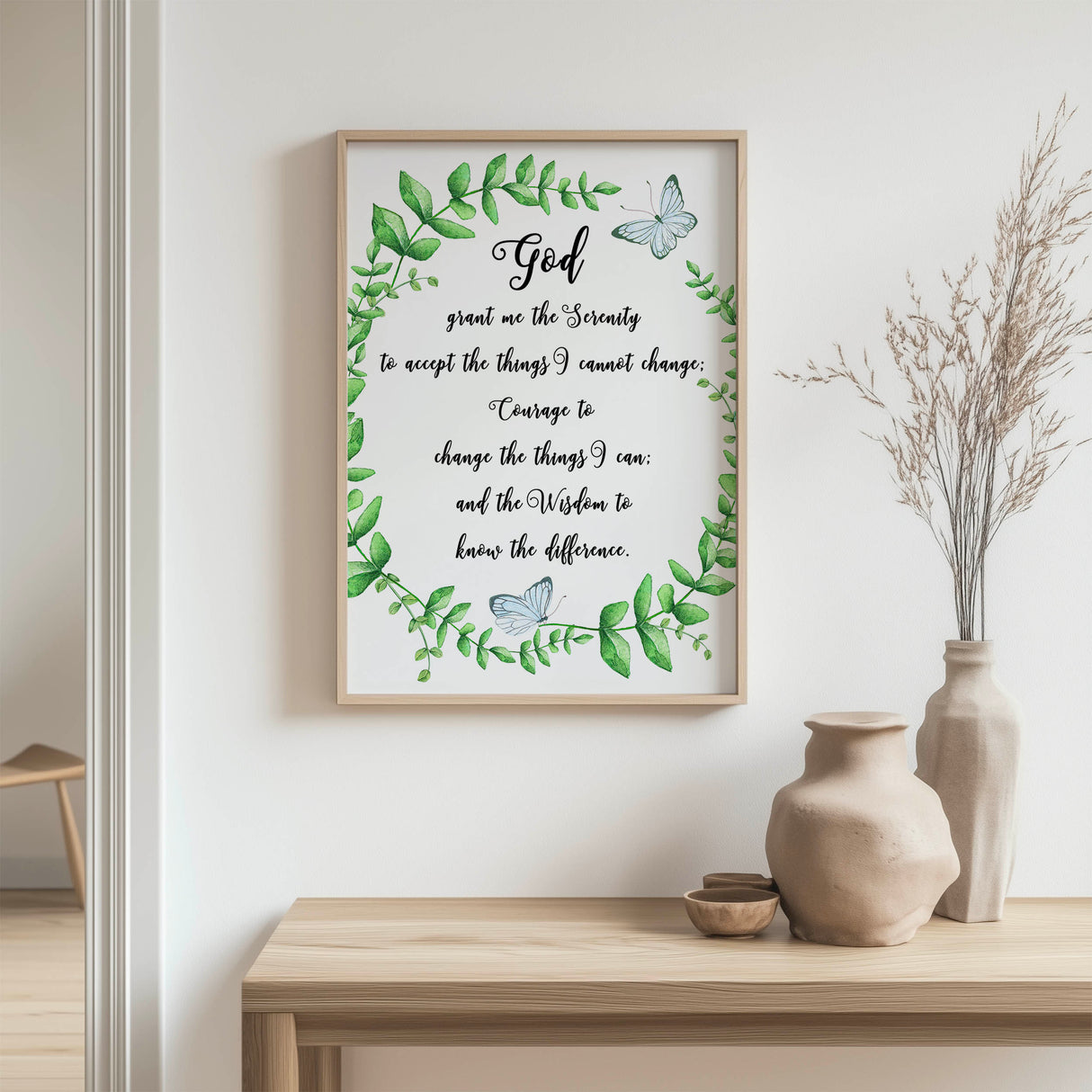 Serenity Prayer – Christian prayer wall art with butterfly and greenery offering peace, courage and spiritual reflection.