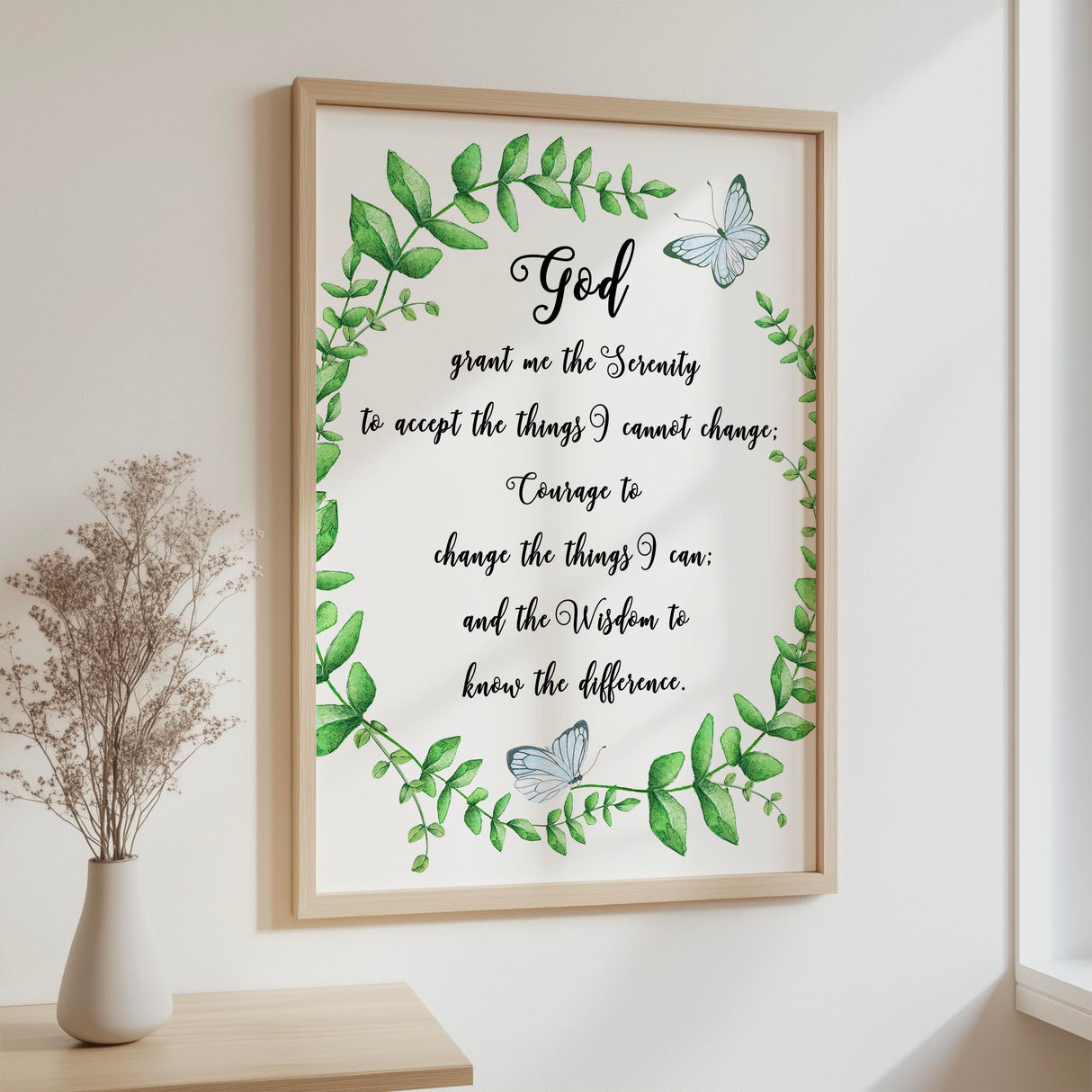 Serenity Prayer – Christian wall art with green wreath and blue butterfly featuring the Serenity Prayer about peace and wisdom.
