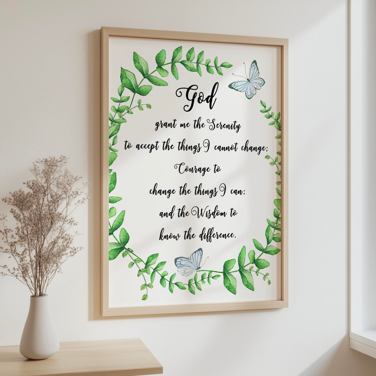 Serenity Prayer – Christian wall art with green wreath and blue butterfly featuring the Serenity Prayer about peace and wisdom.