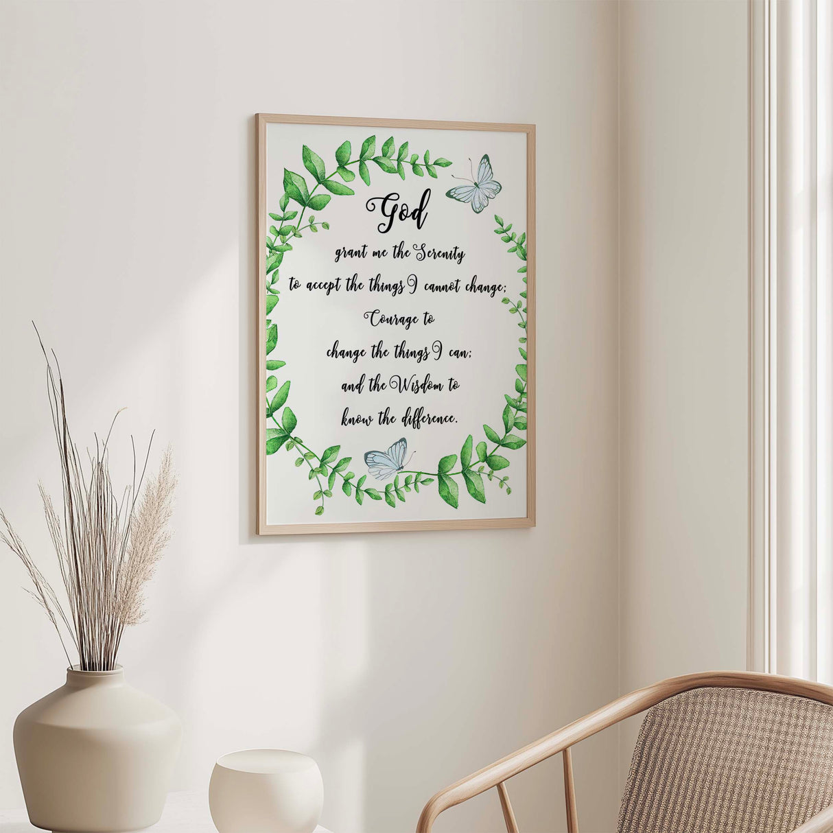 Serenity Prayer – Faith inspired wall art print with botanical wreath design and calming prayer for courage and serenity.