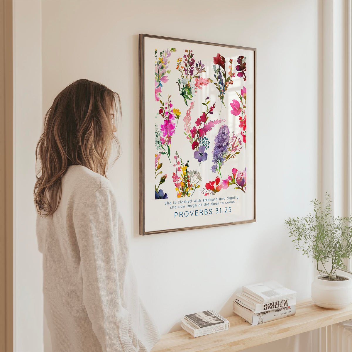 Proverbs 31:25 - Christian wall art print with she is clothed with strength scripture and bright floral illustration.