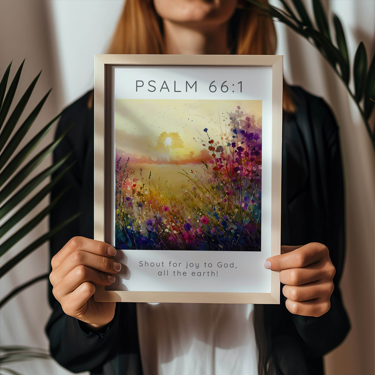 Psalm 66:1 – Shout for joy Christian wall art print with flower meadow design and joyful praise scripture.