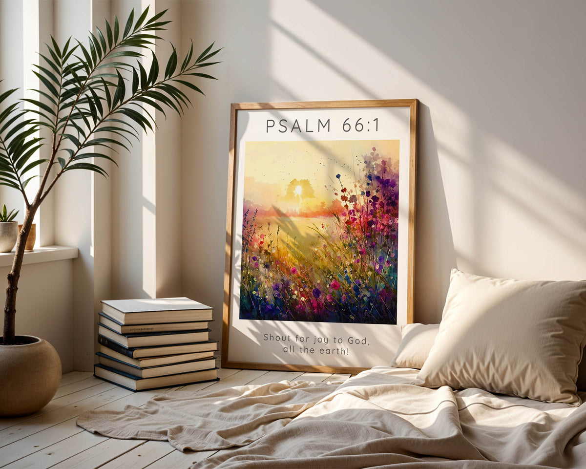 Psalm 66:1 – Bible verse wall art featuring colourful meadow flowers and scripture about praising God with joy.