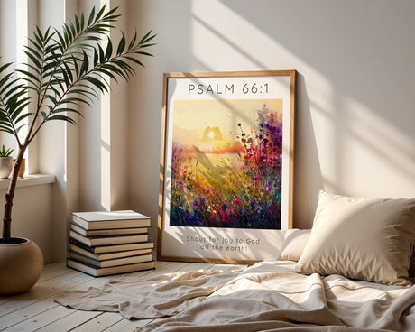 Psalm 66:1 – Bible verse wall art featuring colourful meadow flowers and scripture about praising God with joy.