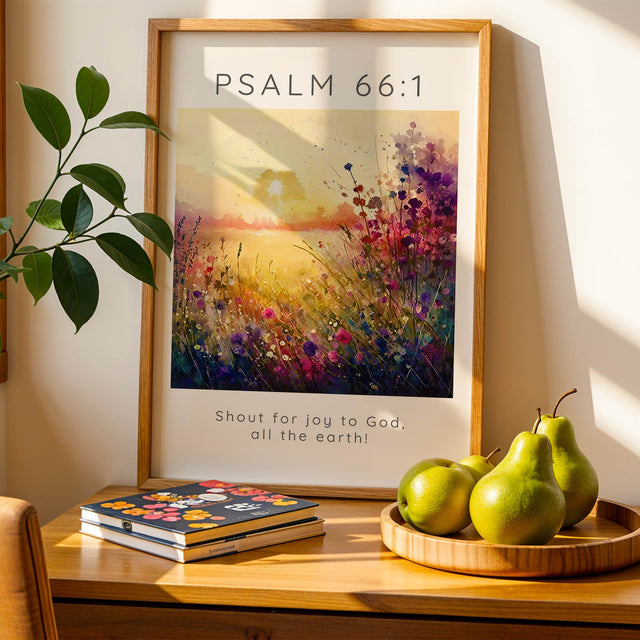 Psalm 66:1 – Christian floral wall art print with meadow illustration and uplifting Bible verse about joy.