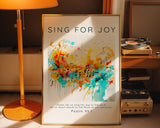 Psalm 95:1 – Vibrant faith print celebrating music and worship in bright uplifting tones.