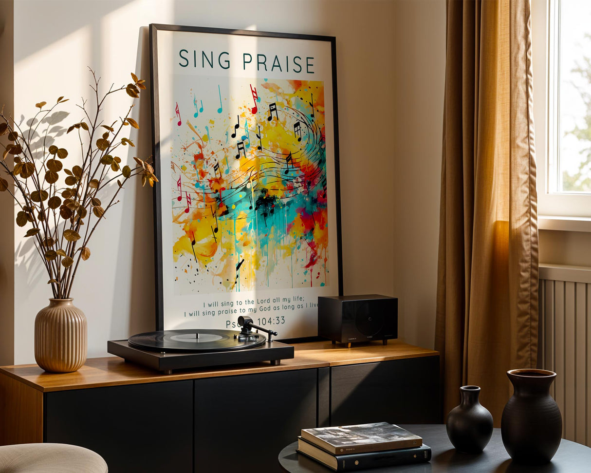 Psalm 104:33 – Christian wall art with bright music-inspired motif.