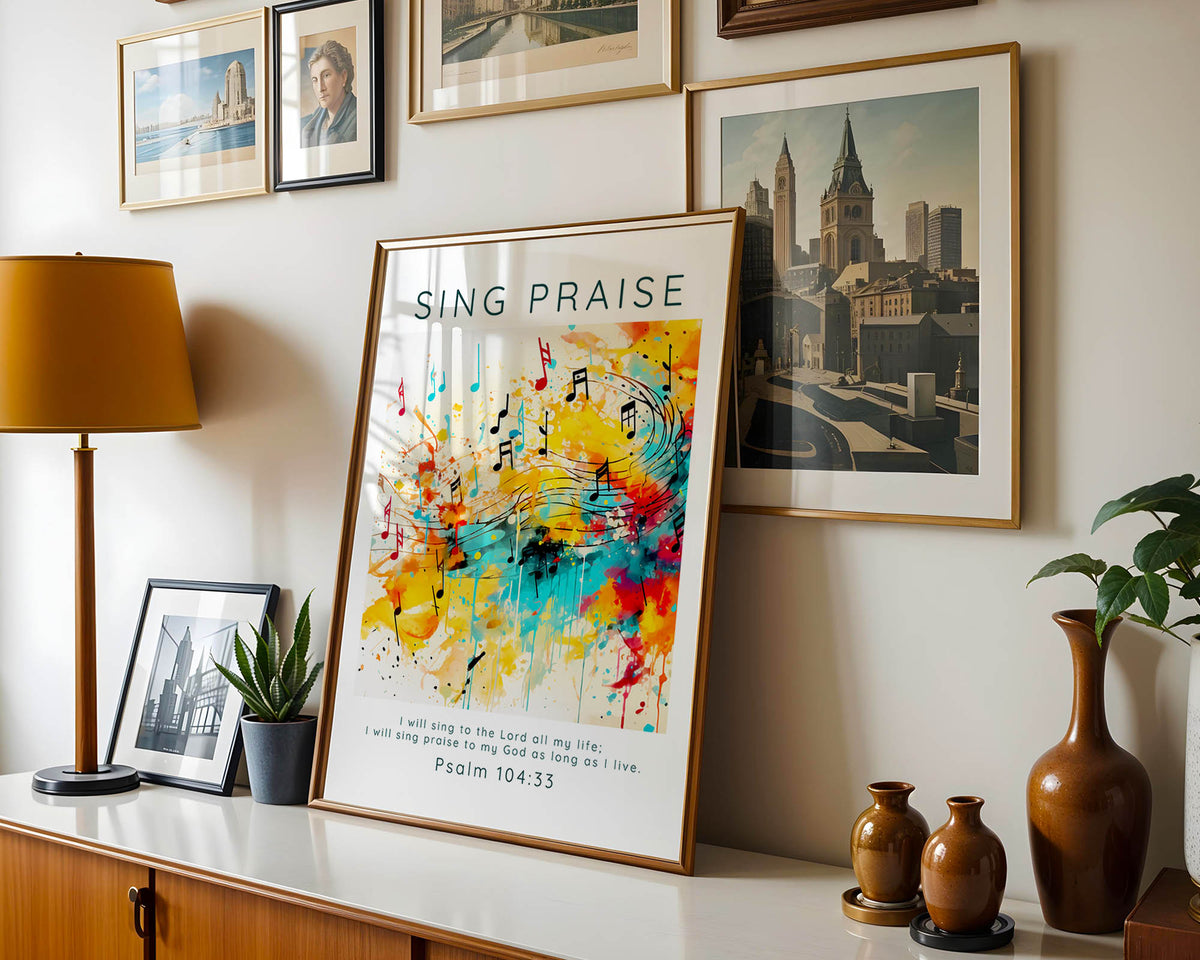 Psalm 104:33 – Colourful Christian music wall art with abstract design