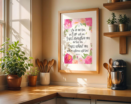 Isaiah 41:10 - Bible verse wall art featuring So do not fear for I am with you with soft pink floral wreath Christian decor.