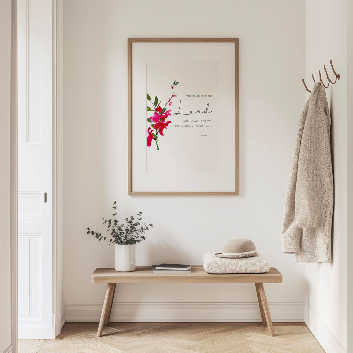 Psalm 37:4 - Take delight in the Lord Christian Bible verse wall art with simple red orchid motif, inspirational decor.