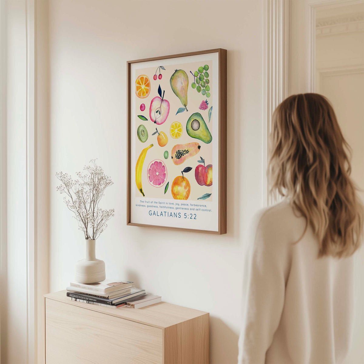 Galatians 5:22-23 – Christian wall art with colourful fruit design.