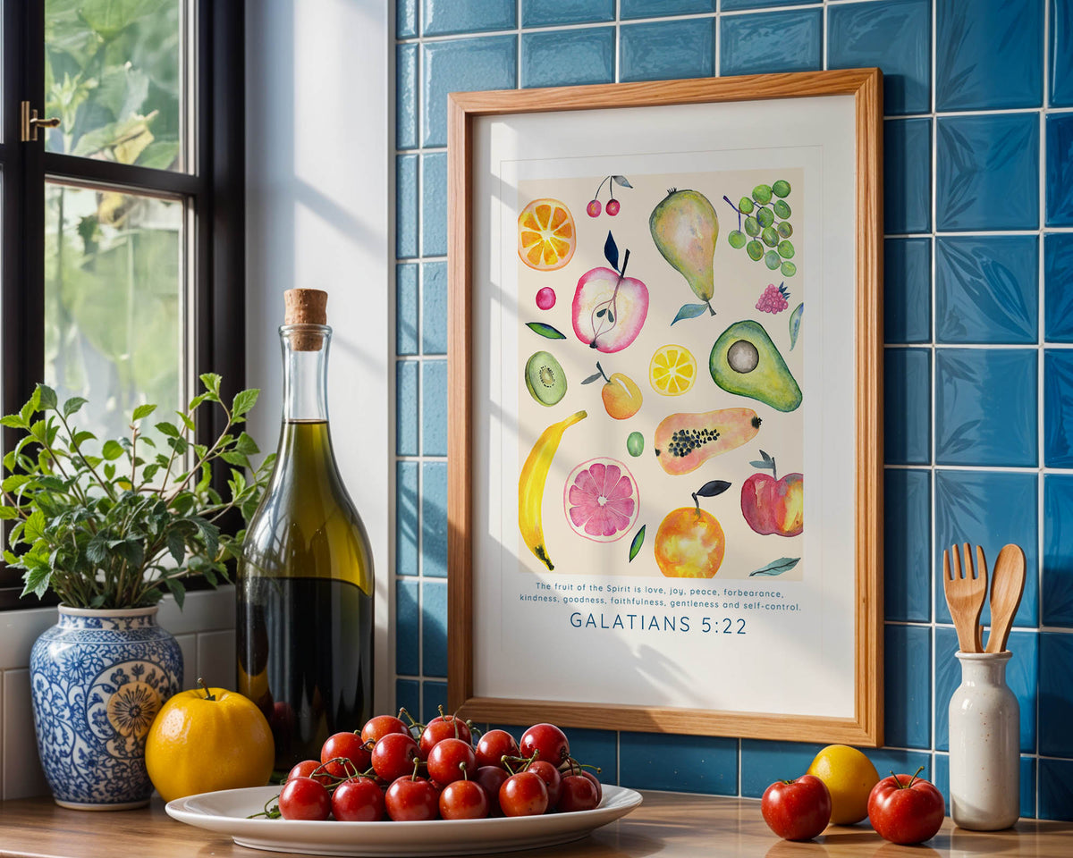 Galatians 5:22-23 – Inspirational Bible verse print with fruit icons.
