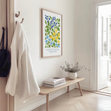 Isaiah 40:8 - Christian wall art print with the grass withers scripture, elegant blue and yellow faith home decor.