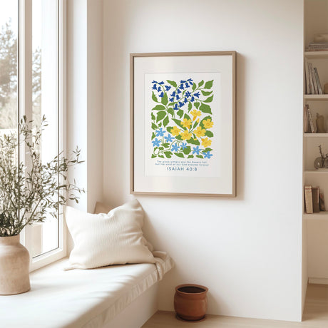 Isaiah 40:8 - The grass withers and the flowers fall Bible verse wall art, inspirational Christian decor in blue and yellow.