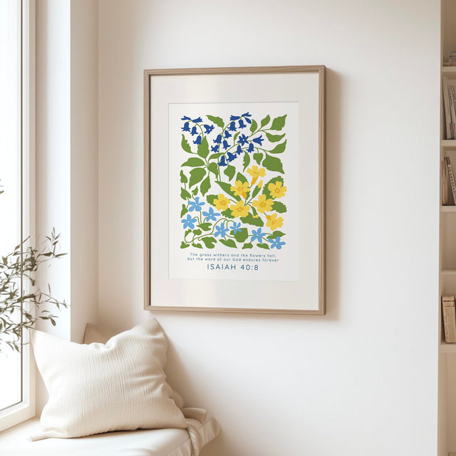 Isaiah 40:8 - The grass withers and the flowers fall Bible verse wall art, inspirational Christian decor in blue and yellow.