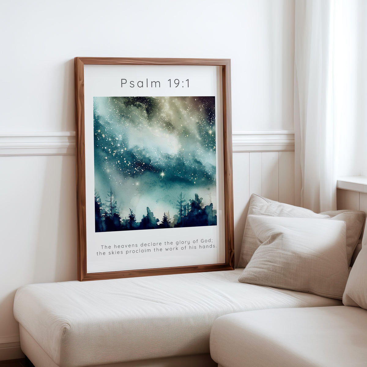 Psalm 19:1 – Watercolour stars and night sky with inspiring Bible verse print.