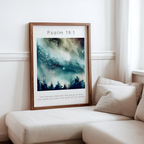 Psalm 19:1 – Watercolour stars and night sky with inspiring Bible verse print.