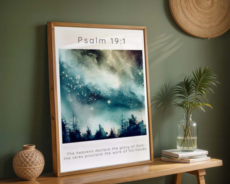 Psalm 19:1 – Faith-inspired home decor with blue night sky and shining stars.